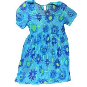 VTG 90s Sessa Turquoise Floral Mesh Coverup Sheer Size Small S Babydoll Nylon